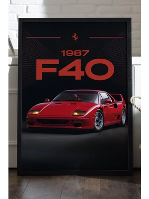 Duvarda Ferrari F40 Siyah Ahşap Çerçeveli Poster, Dekoratif Araba Duvar Tablosu
