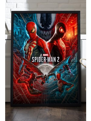 Duvarda Spider-Man Siyah Ahşap Çerçeveli Poster, Dekoratif Oyun Duvar Tablosu