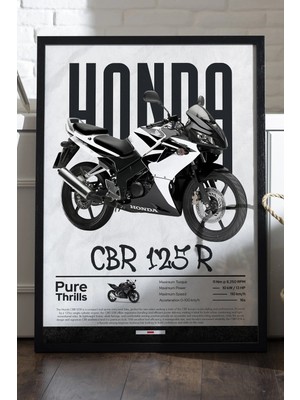 Duvarda Honda Cbr 125R Siyah Ahşap Çerçeveli Poster, Dekoratif Motosiklet Duvar Tablosu