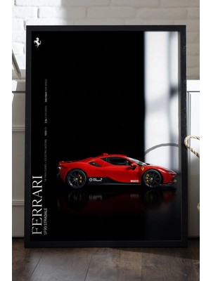 Duvarda Ferrari SF90 Stradale Siyah Ahşap Çerçeveli Poster, Dekoratif Araba Duvar Tablosu