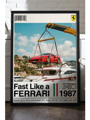 Duvarda Ferrari F40 Siyah Ahşap Çerçeveli Poster, Dekoratif Araba Duvar Tablosu