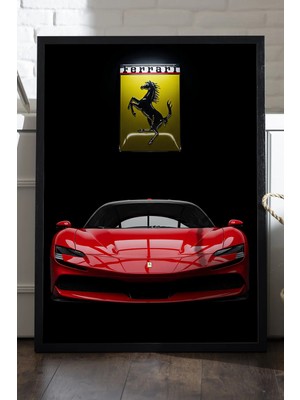 Duvarda Ferrari SF90 Siyah Ahşap Çerçeveli Poster, Dekoratif Araba Duvar Tablosu