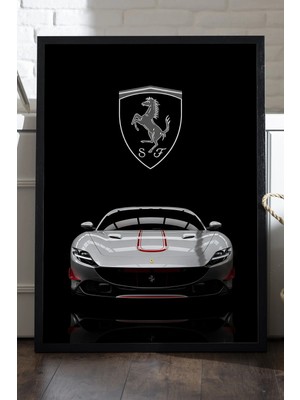 Duvarda Ferrari Roma Siyah Ahşap Çerçeveli Poster, Dekoratif Araba Duvar Tablosu