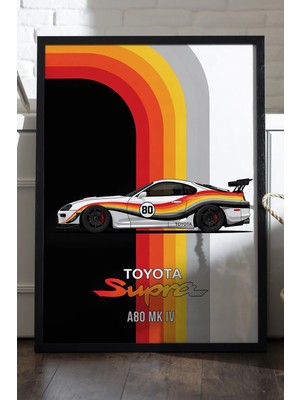 Duvarda Toyota Supra Siyah Ahşap Çerçeveli Poster, Dekoratif Araba Duvar Tablosu