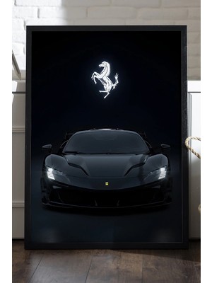 Duvarda Ferrari SF90 Siyah Ahşap Çerçeveli Poster, Dekoratif Araba Duvar Tablosu
