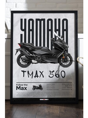 Yamaha Tmax 560 Siyah Ahşap Çerçeveli Poster, Dekoratif Motosiklet Duvar Tablosu