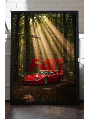 Duvarda Ferrari F40 Siyah Ahşap Çerçeveli Poster, Dekoratif Araba Duvar Tablosu