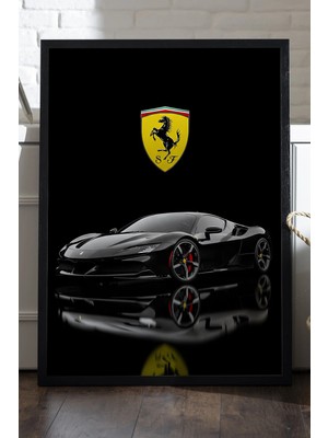 Duvarda Ferrari SF90 Spider Siyah Ahşap Çerçeveli Poster, Dekoratif Araba Duvar Tablosu