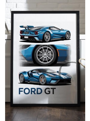 Duvarda Ford Gt Siyah Ahşap Çerçeveli Poster, Dekoratif Araba Duvar Tablosu