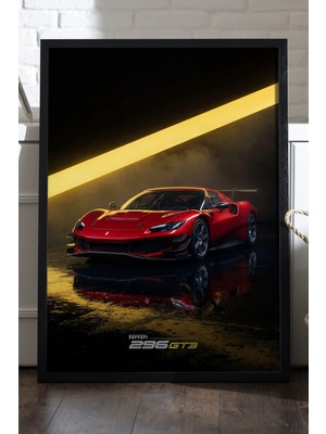Duvarda Ferrari 296 Gt3 Siyah Ahşap Çerçeveli Poster, Dekoratif Araba Duvar Tablosu