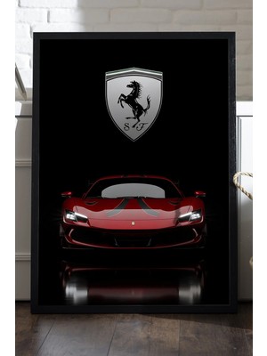 Duvarda Ferrari 296 Gtb Siyah Ahşap Çerçeveli Poster, Dekoratif Araba Duvar Tablosu
