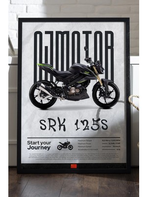 Duvarda Qj Motor Srk 125S Siyah Ahşap Çerçeveli Poster, Dekoratif Motosiklet Duvar Tablosu