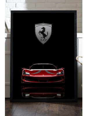 Duvarda Ferrari F8 Siyah Ahşap Çerçeveli Poster, Dekoratif Araba Duvar Tablosu