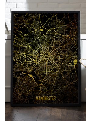 Duvarda Manchester Şehir Haritası Siyah Ahşap Çerçeveli Poster, Dekoratif Harita Duvar Tablosu