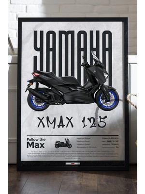 Yamaha X-Max 125 Siyah Ahşap Çerçeveli Poster, Dekoratif Motosiklet Duvar Tablosu