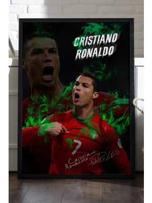 Duvarda Cristiano Ronaldo Siyah Ahşap Çerçeveli Poster, Dekoratif Futbol Duvar Tablosu