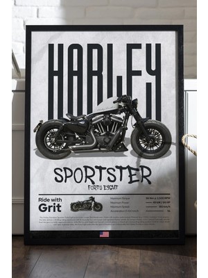 Duvarda Harley David Sportster 48 Siyah Ahşap Çerçeveli Poster, Dekoratif Motosiklet Duvar Tablosu