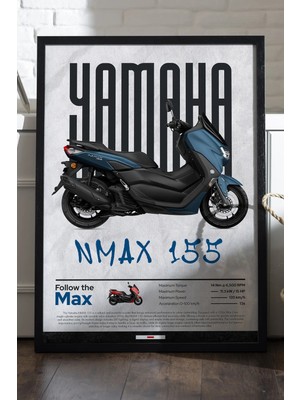 Yamaha Nmax 155 Siyah Ahşap Çerçeveli Poster, Dekoratif Motosiklet Duvar Tablosu