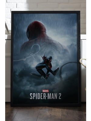 Duvarda Spider-Man Siyah Ahşap Çerçeveli Poster, Dekoratif Oyun Duvar Tablosu