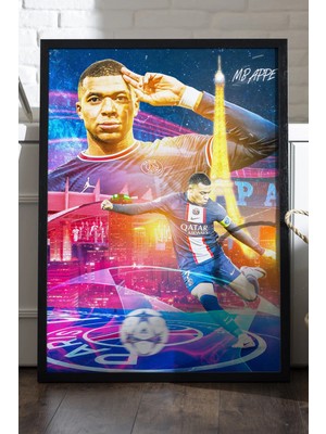Duvarda Kylian Mbappe Siyah Ahşap Çerçeveli Poster, Dekoratif Spor Duvar Tablosu