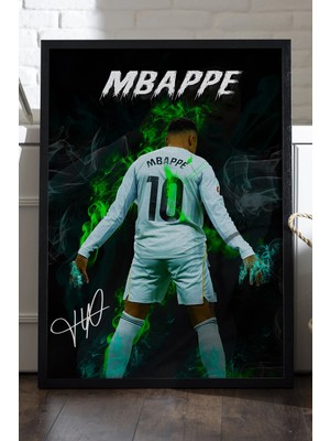 Duvarda Kylian Mbappe Siyah Ahşap Çerçeveli Poster, Dekoratif Futbol Duvar Tablosu