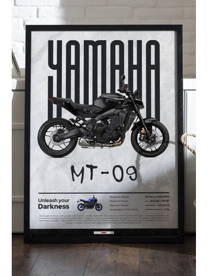 Yamaha Mt-09 Siyah Ahşap Çerçeveli Poster, Dekoratif Motosiklet Duvar Tablosu
