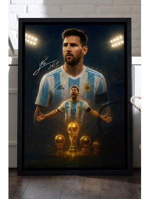 Duvarda Lionel Messi Siyah Ahşap Çerçeveli Poster, Dekoratif Futbol Duvar Tablosu