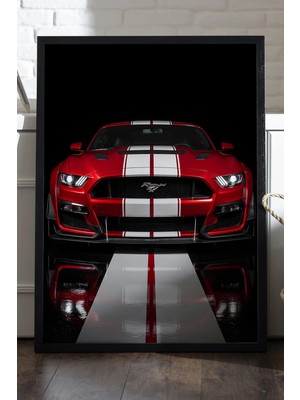 Duvarda Ford Mustang Shelby GT350 Siyah Ahşap Çerçeveli Poster, Dekoratif Araba Duvar Tablosu