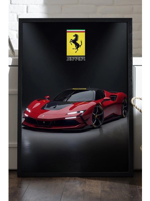 Duvarda Ferrari SF90 Stradale Siyah Ahşap Çerçeveli Poster, Dekoratif Araba Duvar Tablosu