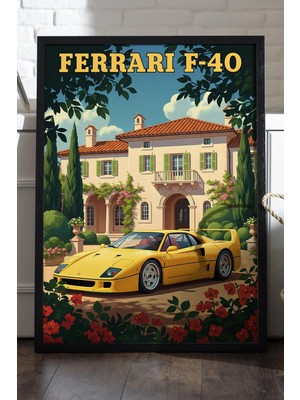 Duvarda Ferrari F40 Siyah Ahşap Çerçeveli Poster, Dekoratif Araba Duvar Tablosu
