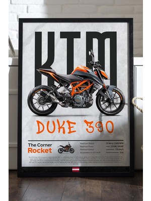 Duvarda Ktm Duke 390 Siyah Ahşap Çerçeveli Poster, Dekoratif Motosiklet Duvar Tablosu