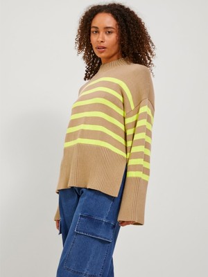 Jack & Jones Jack&Jones JJXX Kadın Oversize Yarım Balıkçı Çizgili Pamuk Örme Kazak