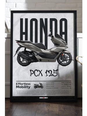 Duvarda Honda Pcx 125 Siyah Ahşap Çerçeveli Poster, Dekoratif Motosiklet Duvar Tablosu
