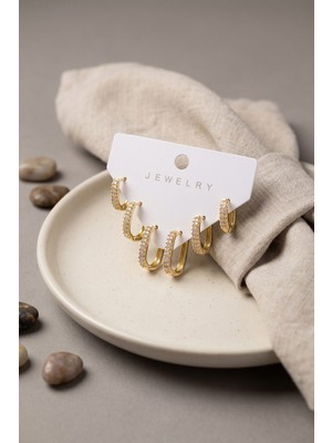 Pileli Store Gold Renk Zirkon Taşlı Pirinç Oval Kare Model Kadın Küpe Seti