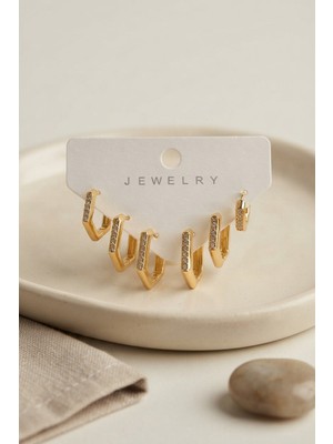 Pileli Store Gold Renk Zirkon Taşlı Pirinç Petek Model Kadın Küpe Seti