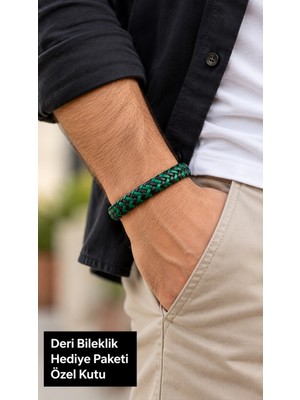 Herşey Nota Sylvenar Greenweave Yeşil Siyah Deri Erkek Bileklik - Iki Renkli Örgü