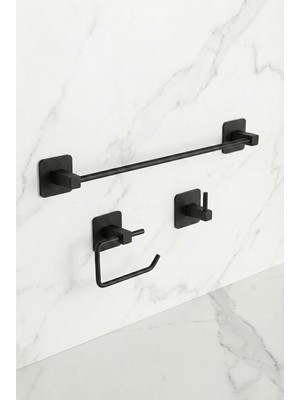 Marvielle Siyah Kare Yapışkanlı Uzun Havluluk Wc Kağıtlık Tekli Askılık Set - Banyo Askısı