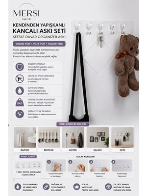 Marvielle Kendinden Yapışkanlı Şeffaf Duvar Askı Seti - Banyo Askısı