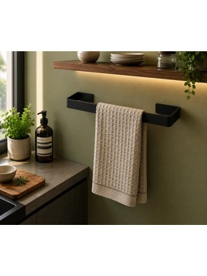 Marvielle Siyah Metal Havlu Askısı Yapışkanlı Duvar Tipi 40X7 cm - Banyo Askısı