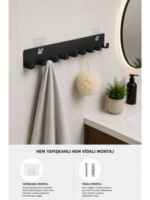 Marvielle Metal Yapışkanlı Vidalı Askı Bornoz Havlu Portmanto Antre Düzenleyici Siyah - Banyo Askısı