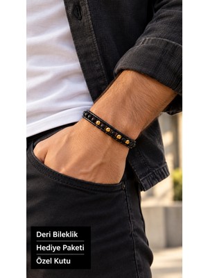 Herşey Nota Carvellan Amberorb Bal Rengi Boncuklu Siyah Deri Erkek Bileklik - Çift Örgü