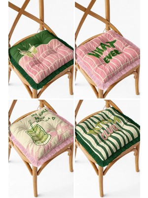 Marvielle Pembe Yeşil Retro Tarz Saçaklı 4'lü Pofuduk Seti - Sandalye Minderi
