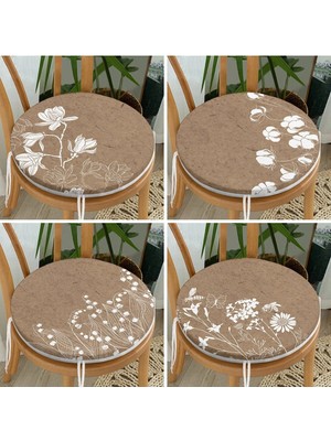 Marvielle Renkli Zemin Üzerinde Beyaz Çiçek Desenli Yuvarlak Fermuarlı Sandalye Minde - Sandalye Minderi