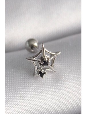 Skygo 316L Çelik Gümüş Renk Siyah Zirkon Taş Detay Örümcek Ağ Model Tragus Piercing - TJ-PR1293