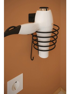 Marvielle Vidalı Siyah Fön Makinesi Askısı - Banyo Askısı