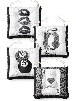 Marvielle Leopar Desenli Bağcıklı Pofuduk 4'lü Set - Sandalye Minderi