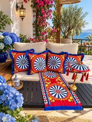 Missidea Ege Çarkıfelek Desenli Ledli Masa Üstü Lambası Bali Şemsiyesi Seti(Şemsiye+Runner ve 5\'li Kırlent Kılıfı)