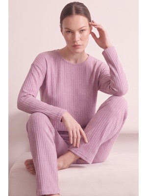Farya Home Pamuklu Şeritli Kışlık Yumuşak Tuşe Interlok Örme Pijama Takımı
