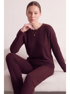 Farya Home Pamuklu Şeritli Kışlık Yumuşak Tuşe Interlok Örme Pijama Takımı