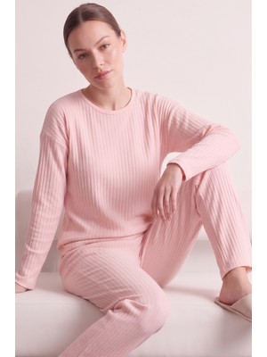 Farya Home Pamuklu Şeritli Kışlık Yumuşak Tuşe Interlok Örme Pijama Takımı